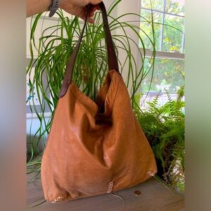 Lucky Brand tan brown leather hobo bag with whipstitch and bead details